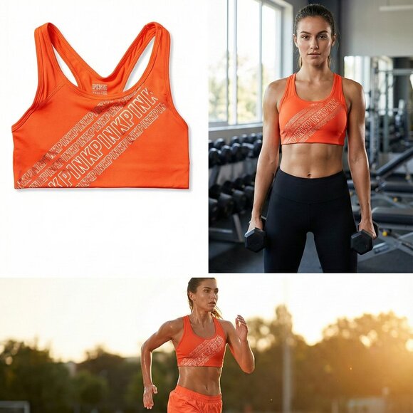 Pink by Victoria's Secret VS Ultimate Orange Gold Logo Sports Bra Women's Size L - Picture 2 of 8